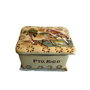 Vintage Faux-Leather Hinged Trinket Box "Puerto Rico" Souvenir, Painted Parrots